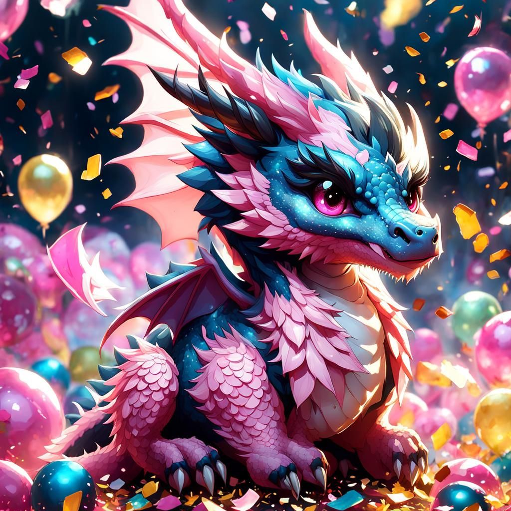 Pink Chibi Dragon Party with Confetti