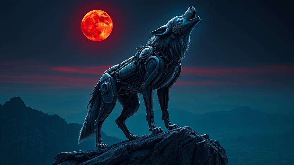 Cybernetic Wolf under Blood-Red Moon