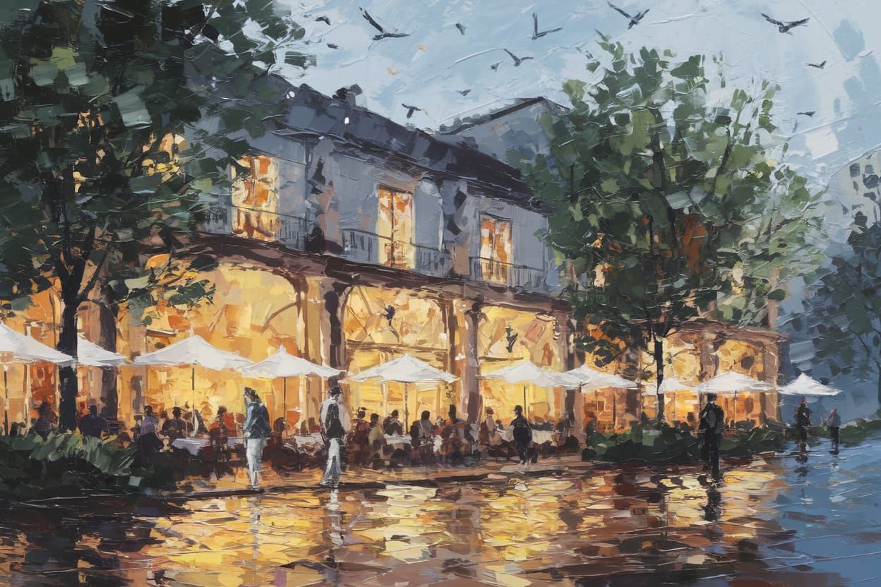Expressive Impasto Painting of a Bustling Fine Dining Restau...