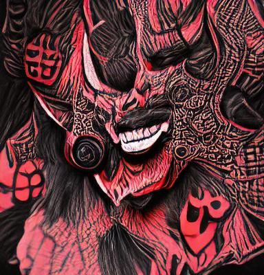 Demonic Oni Mask in Ink Drawing Style