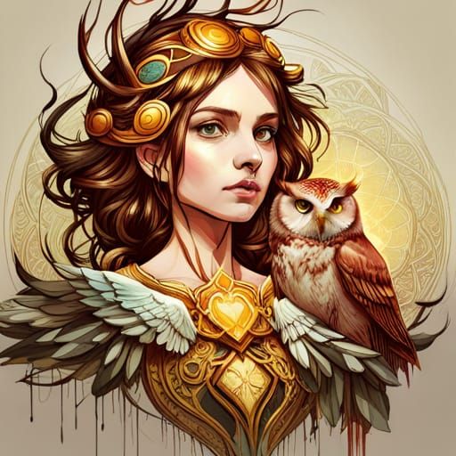 Intricate Owl Princess with Golden Outlines Digital Painting