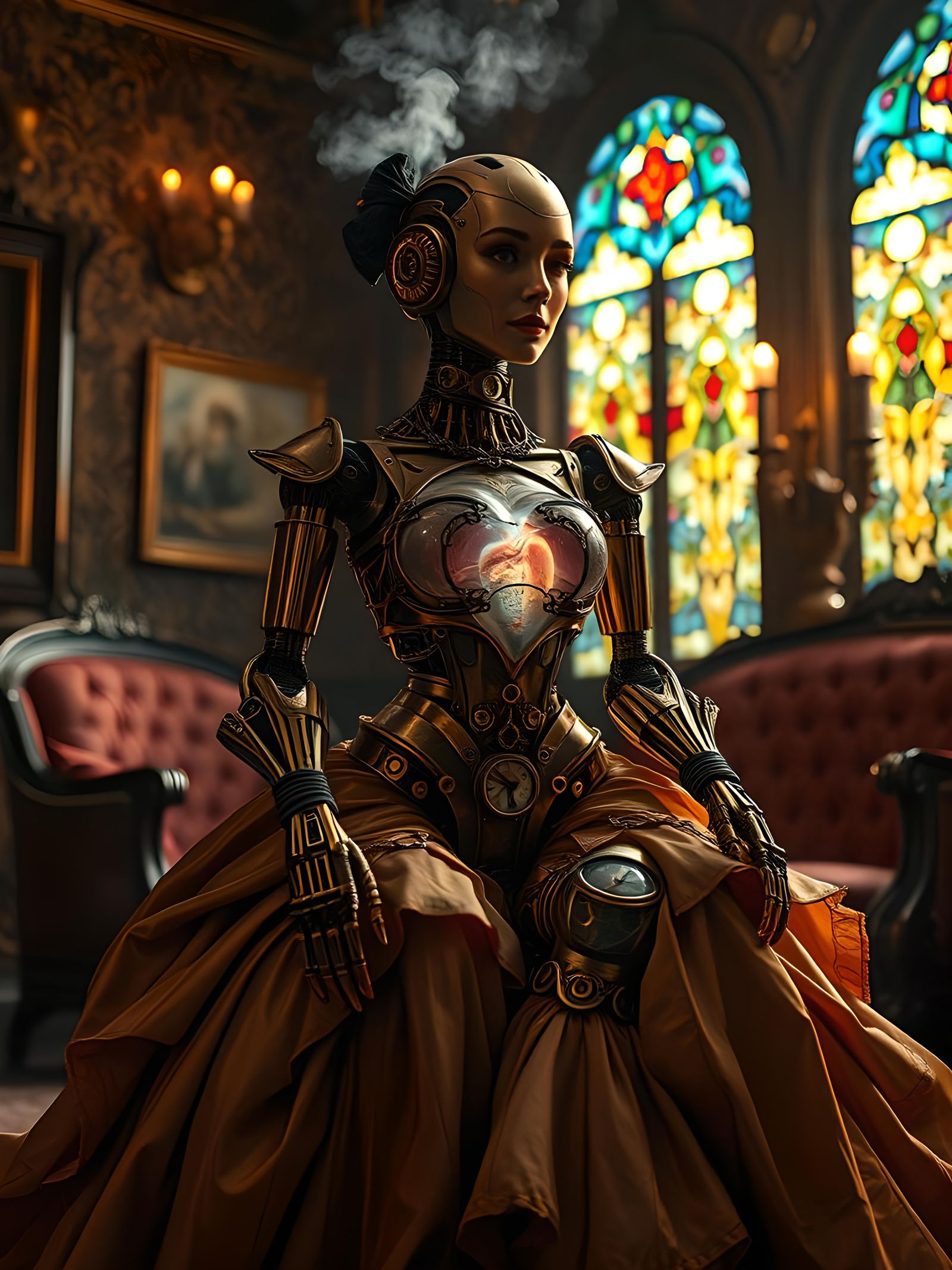 Steampunk Robot Woman with Human Heart