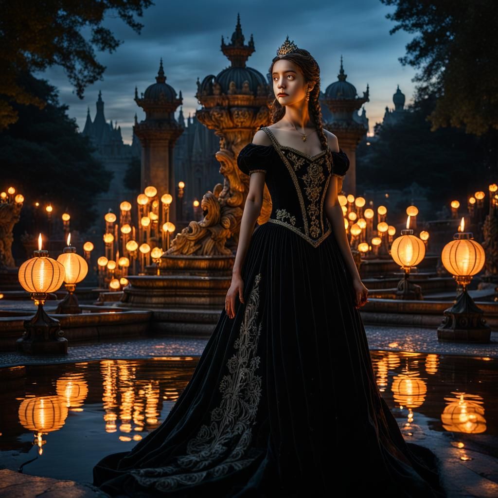 Gothic Princess at Twilight Fountain