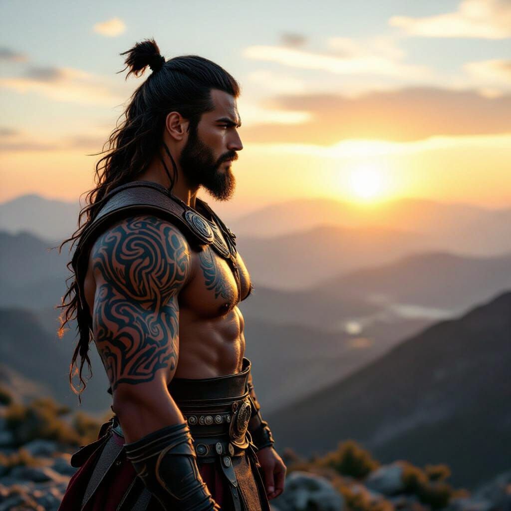 Stoic Warrior with Swirling Tattoos on Mountain Peak at Dawn