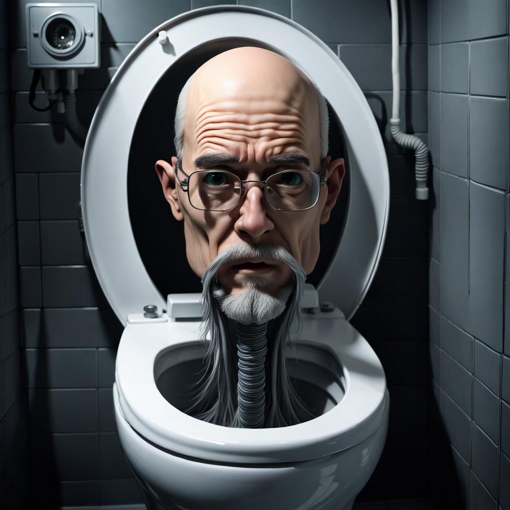 Robotic Eye Bald Head in Toilet Bowl: Dark Fantasy