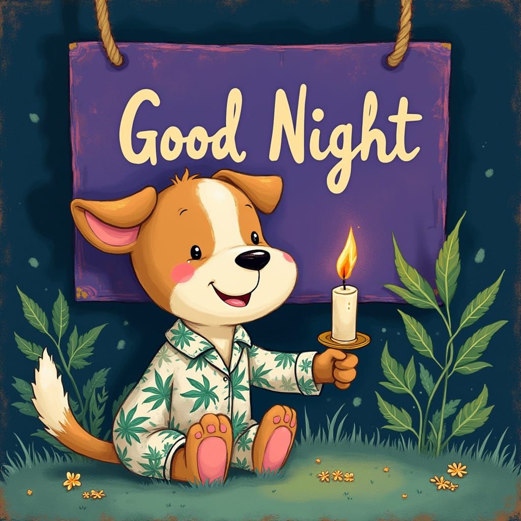 Puppy in Pajamas with Candle, Whimsical Art