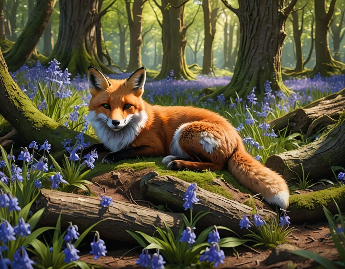 Fox in Bluebell Wood, Detailed Matte Painting