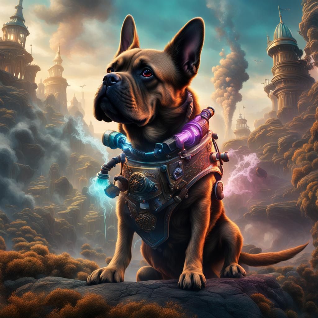 Dog Vaping: Detailed Matte Painting in Deep Color