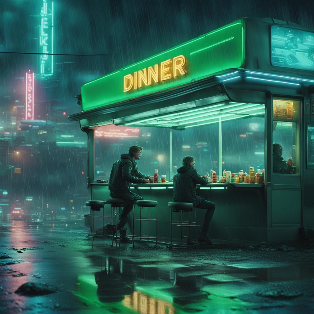 Cyberpunk Lunar Scene: Futuristic Diner in Rainy Night