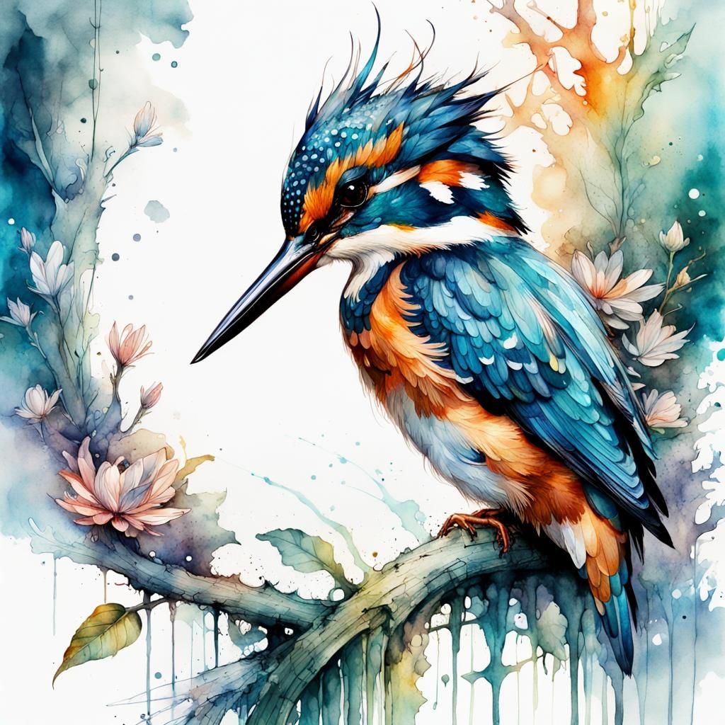 Fantasy Watercolor Kingfisher Fairytale Illustration