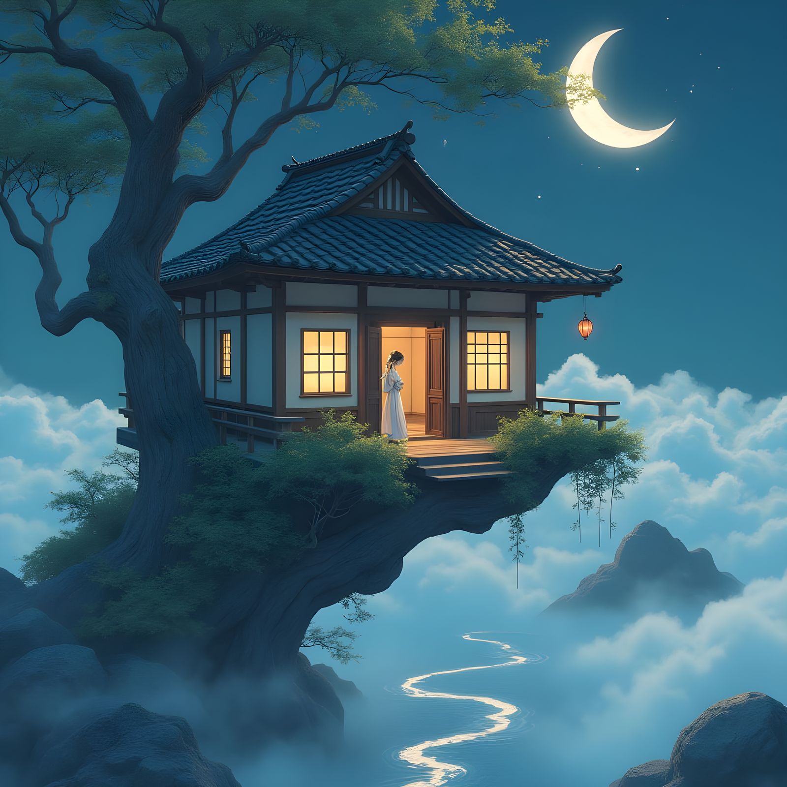 Japanese House on a Celestial Tree Branch at Night