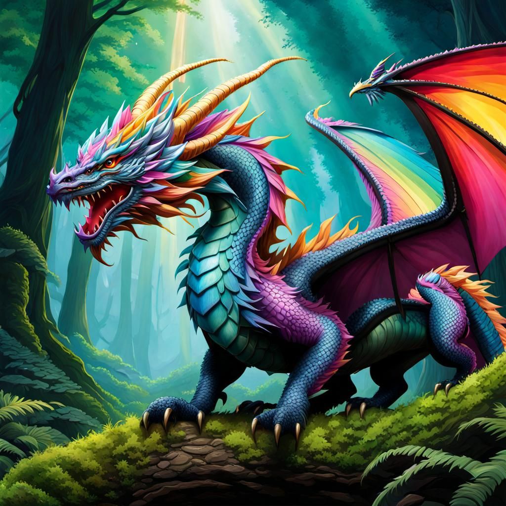 Rainbow Dragon in Enchanted Forest: Digital Art