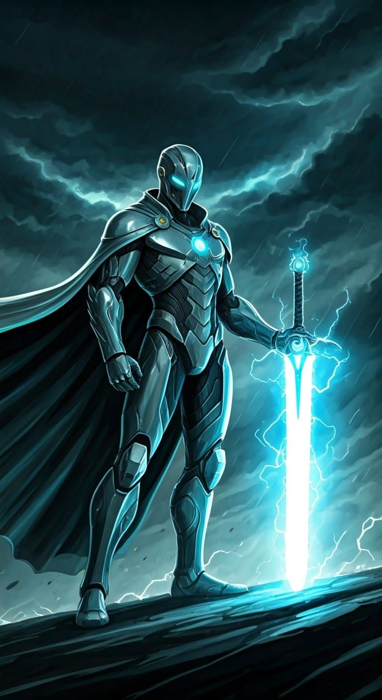Epic Superhero Wields Lightning Sword in Dramatic Stormy Sky