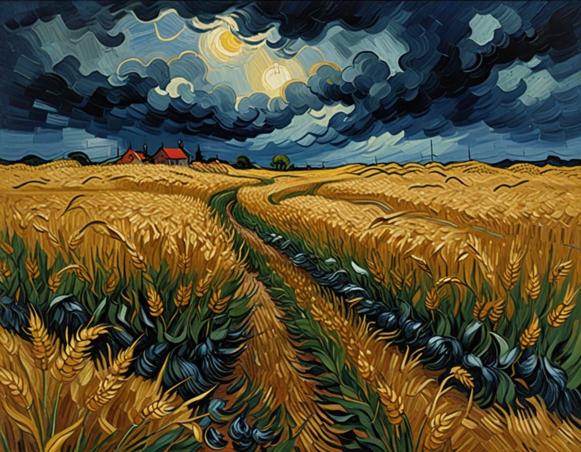 Stormy Wheat Field with Crows in Expressive Post-Impressioni...