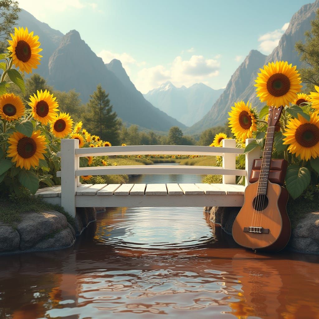 Chocolate River Scene with Sunflowers and Mountains