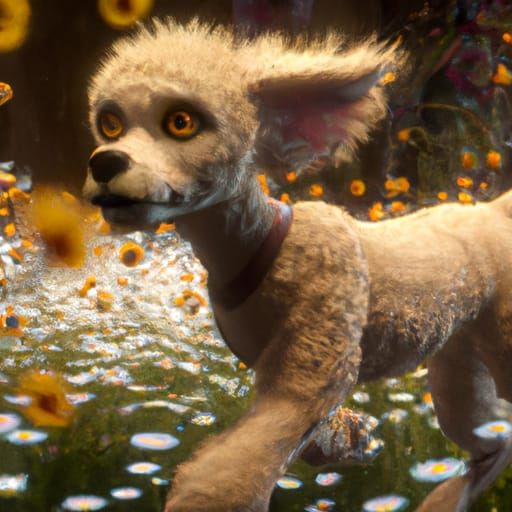 Golden Dog Runs Through Daisy Field: Fantasy Art