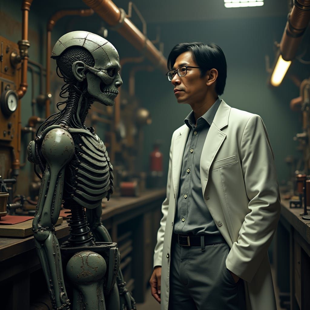 Biomechanical Frankenstein Monster in a Steampunk Laboratory