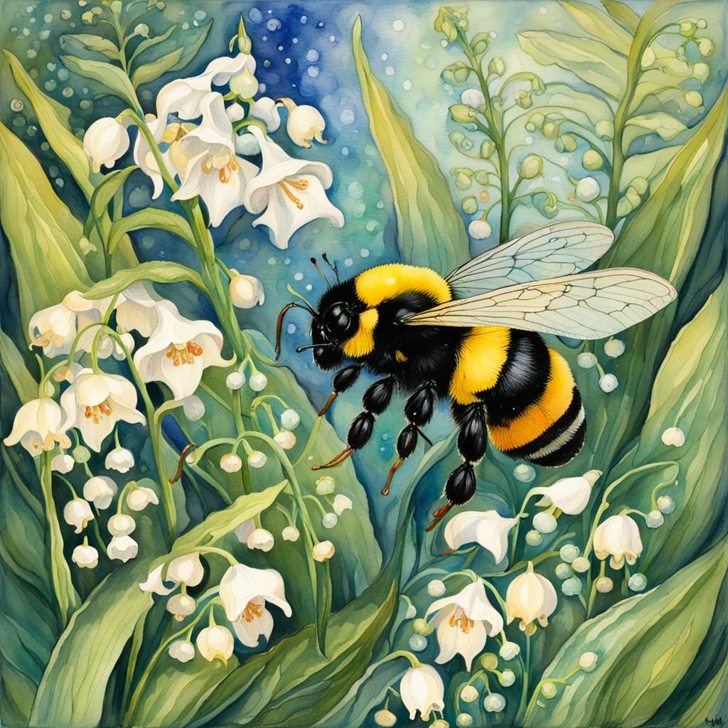 art nouveau, fairy, lily of the valley, ferns, fuzzy bumblebee, Cicely Mary Barker