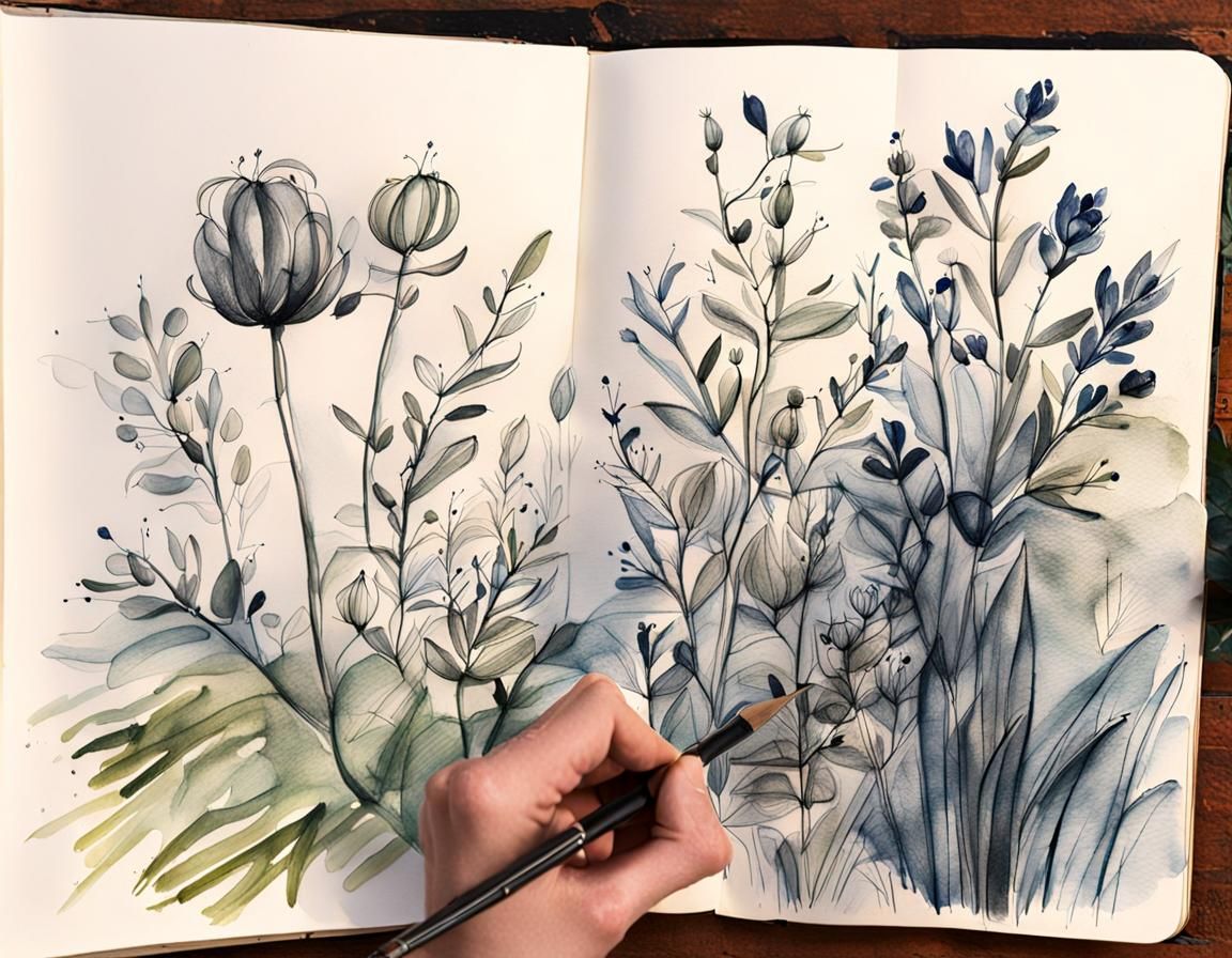 Botanical Ink Drawings in Artist's Sketchbook