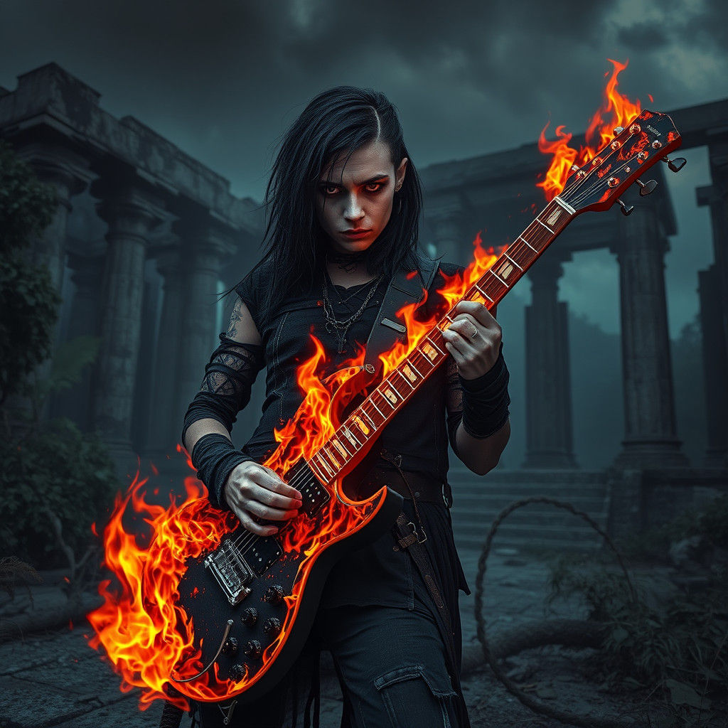That guitar is "on fire" not "made of fire"