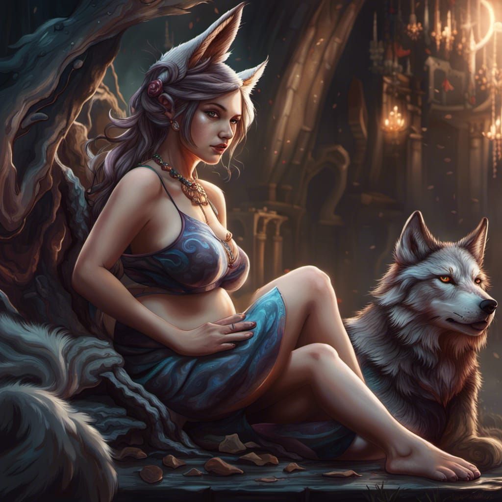 Wolf Girl with Child, Detailed Fantasy Art
