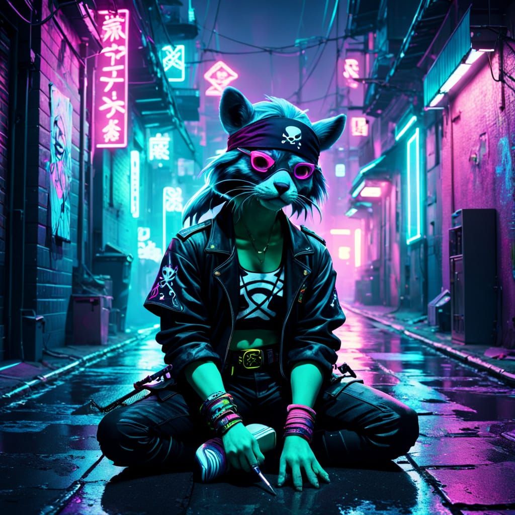 Bioluminescent Pirate in Neon Alleyway: Vaporwave Art