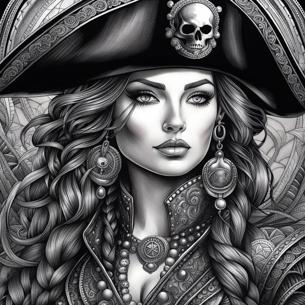 Detailed Zentangle of a Female Pirate in Black and White