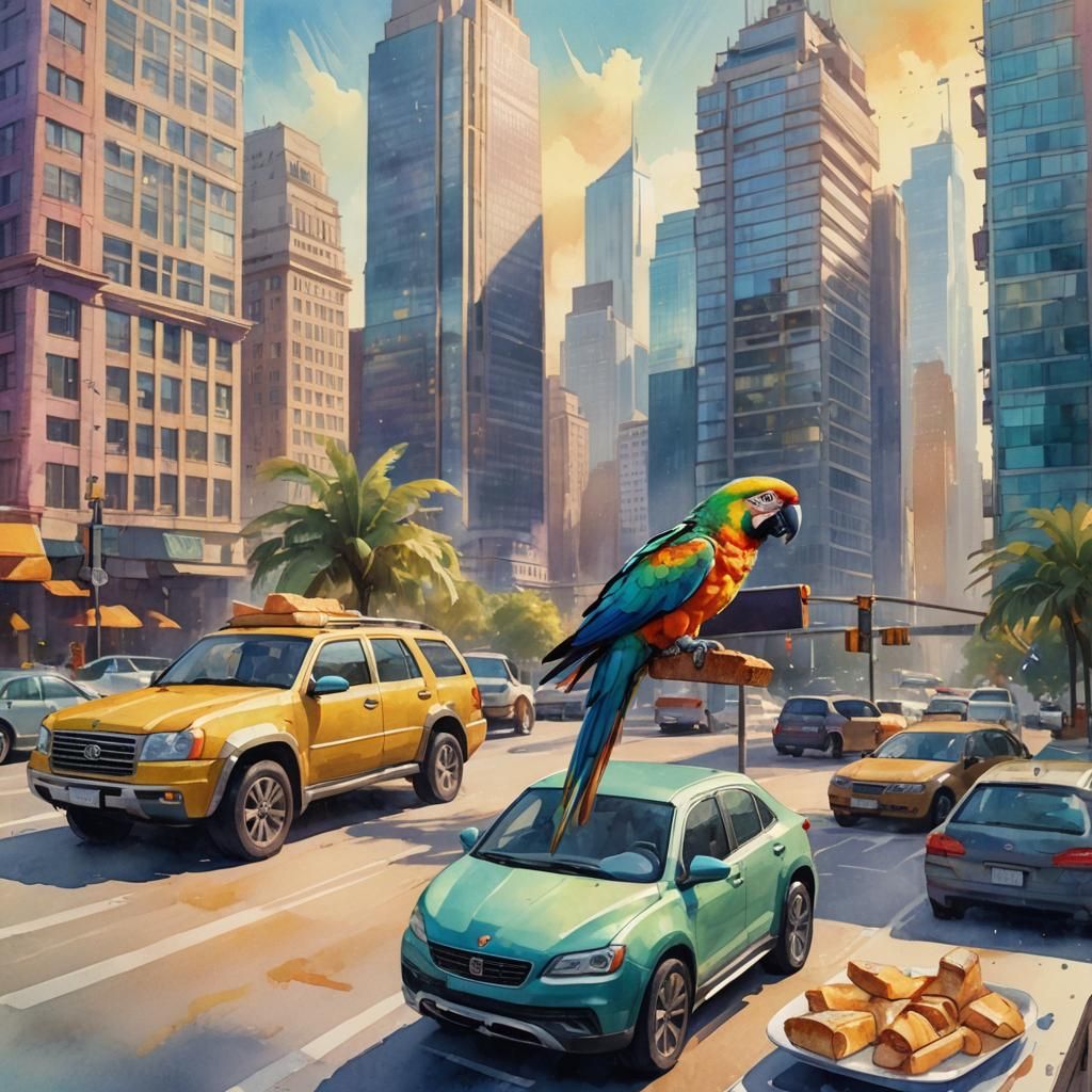 Parrot on High-Tech Car in Watercolor Cityscape