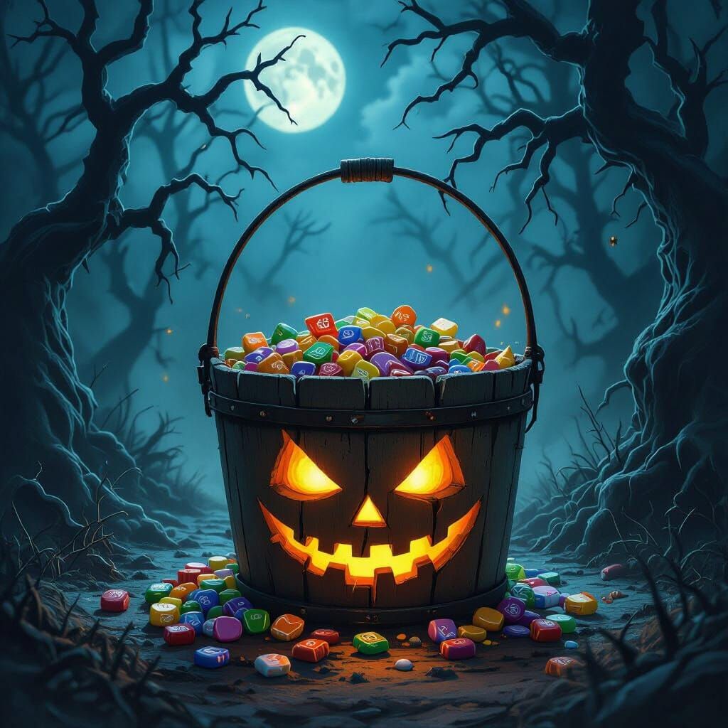 Eerie Halloween Scene: Spooky Trick-or-Treat Bucket in Dark ...