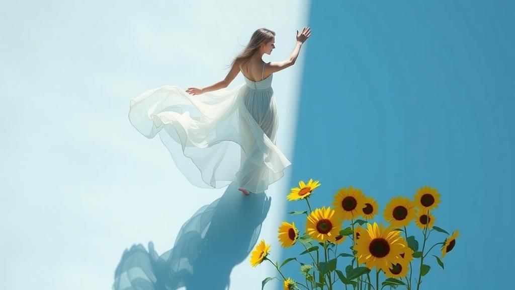 Woman Dancing with Sunflowers in Hyperrealist Style