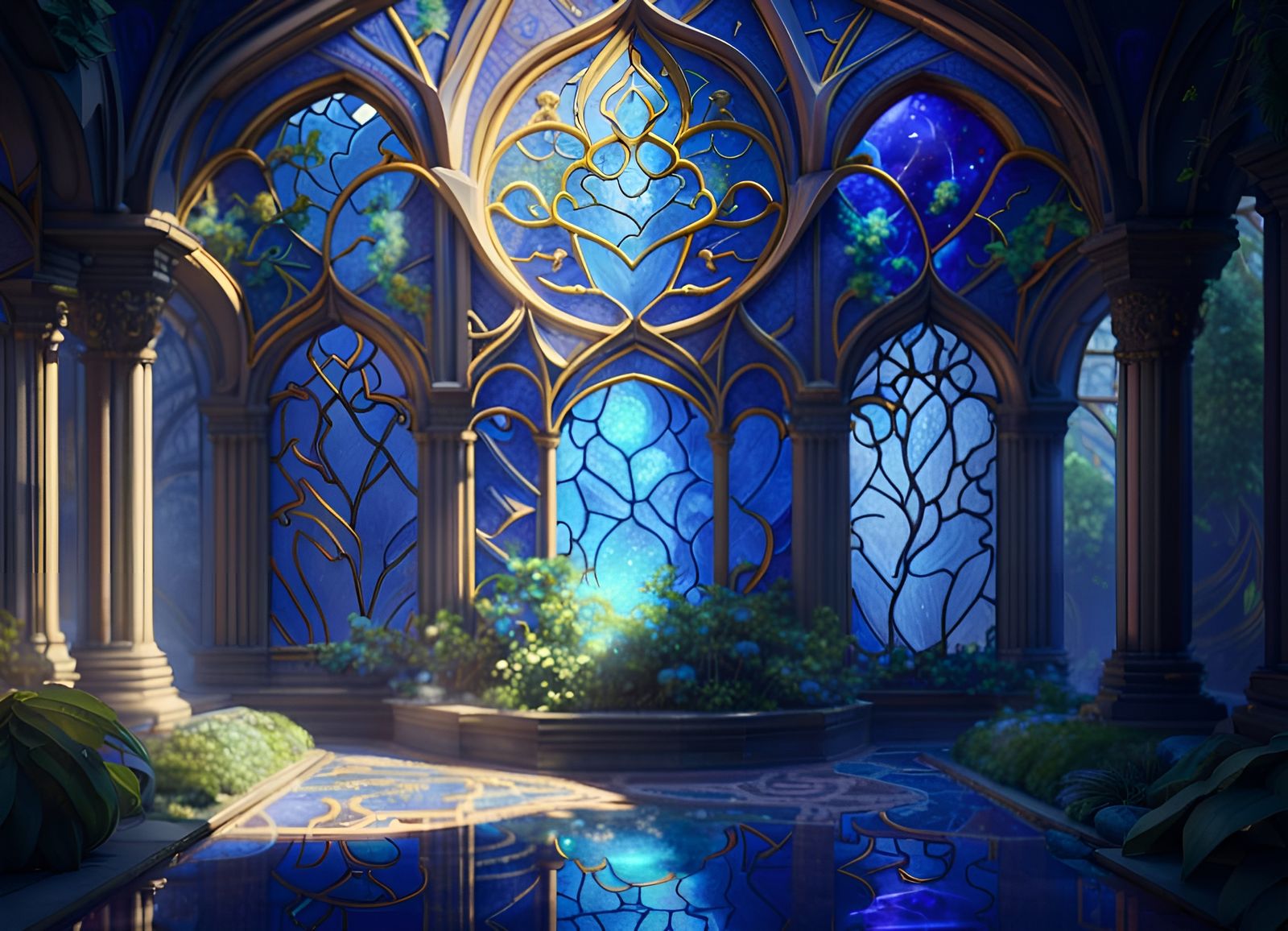 Elven Atrium with Gold Filigree and Lapis Lazuli