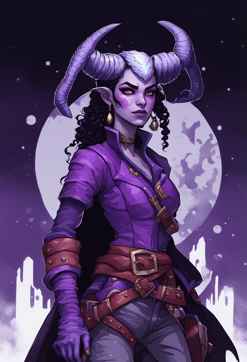Purple Tiefling Pirate Portrait with Black Curly Hair