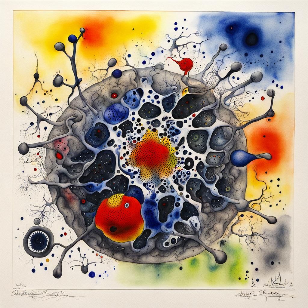 Surreal Amoeba Engulfing Bacteria in Watercolor Style