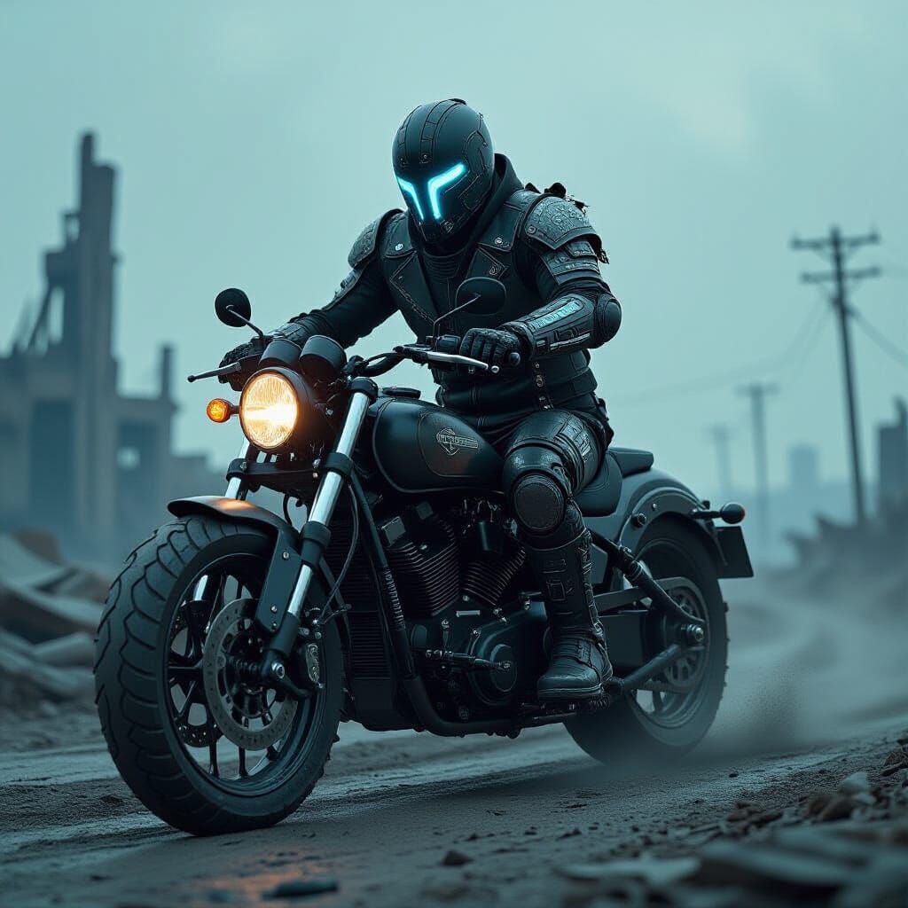 Cyberpunk Biker Rides Through Wasteland
