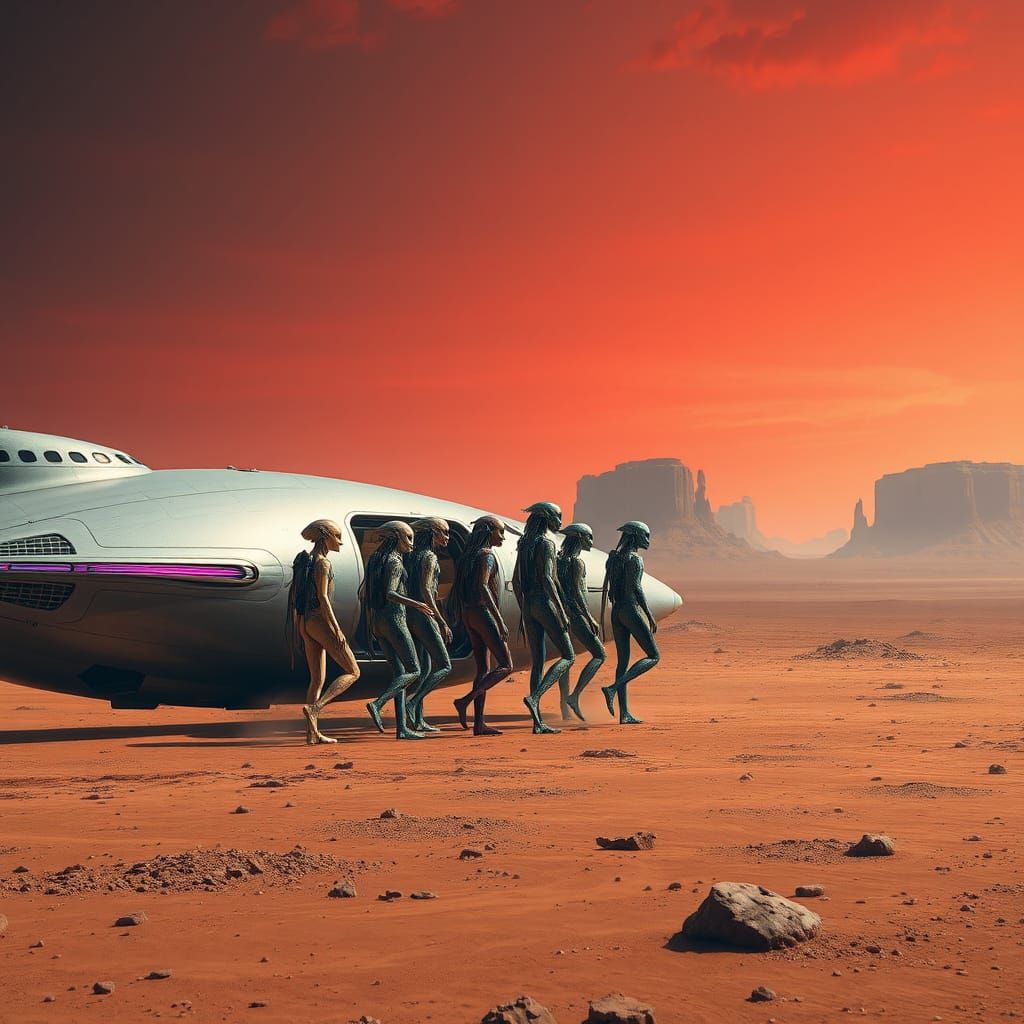 Sleek Spaceship Lands on Mars with Diverse Alien Beings