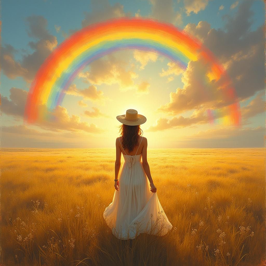 Woman Gazing at Rainbow in Impressionist Style