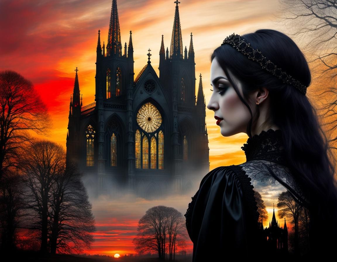 Gothic Double Exposure of Woman and Landscape