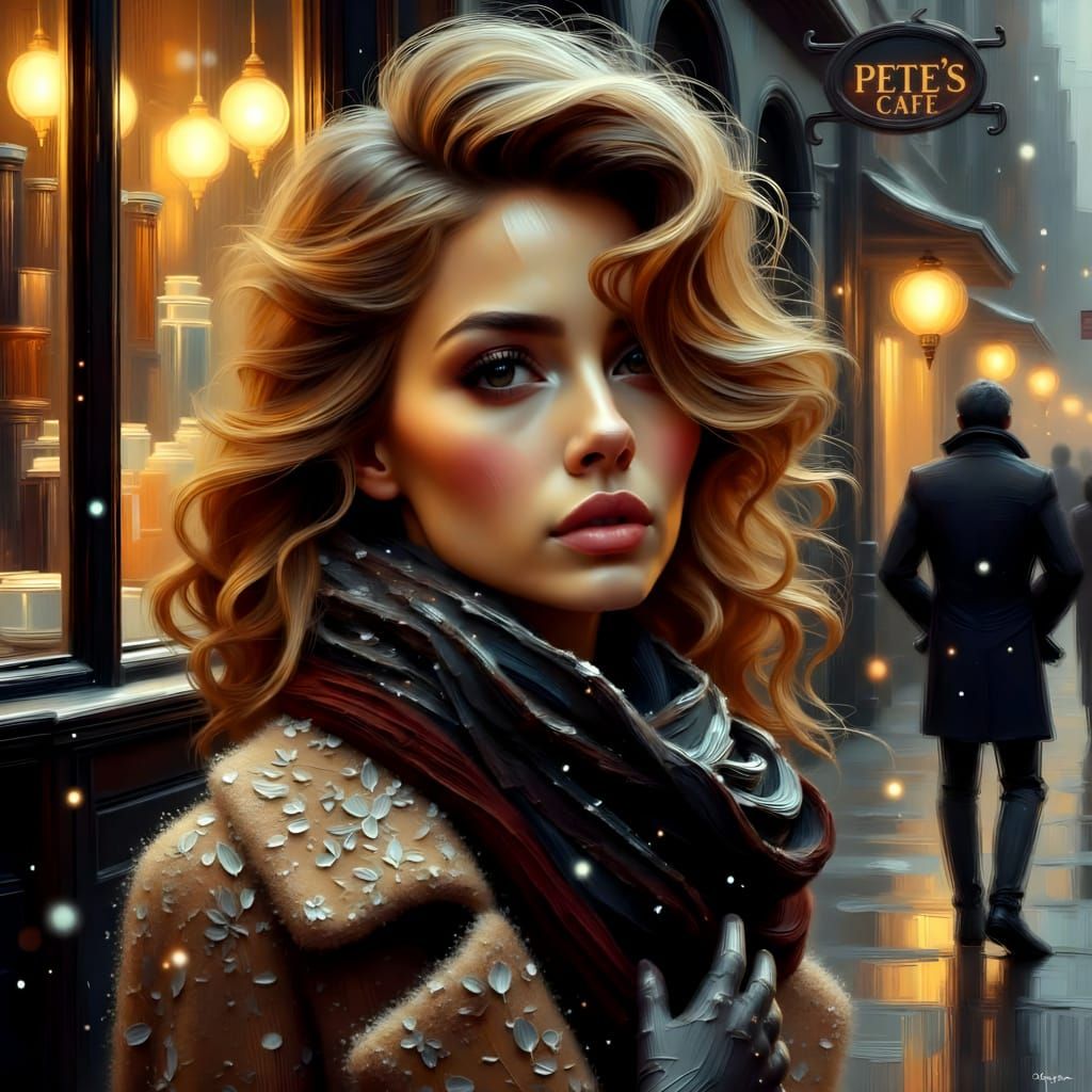Elegant Woman in Winter City Scene, Impasto Painting