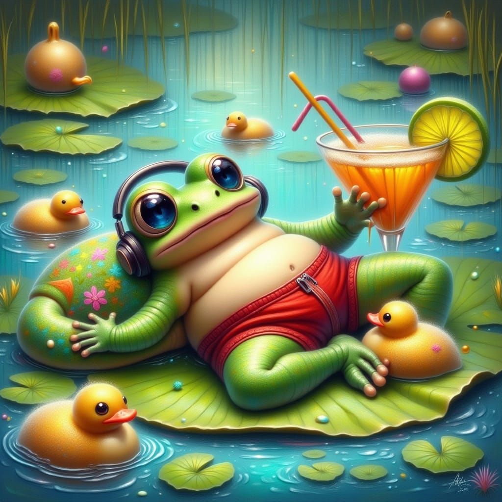 Frog Sunbathing on Lily Pad in Painterly Style