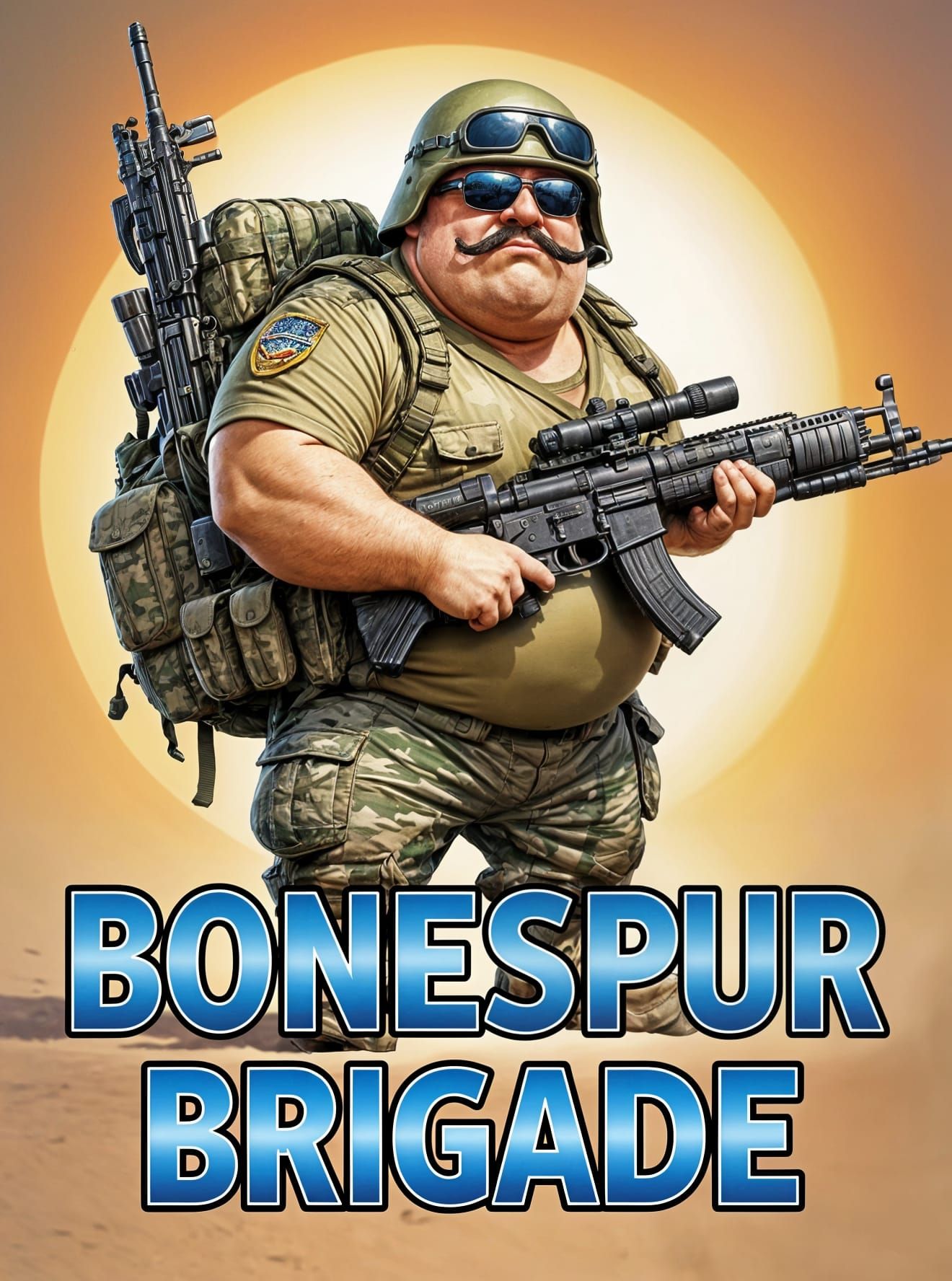 Comical Caricature of Overweight Militia Man
