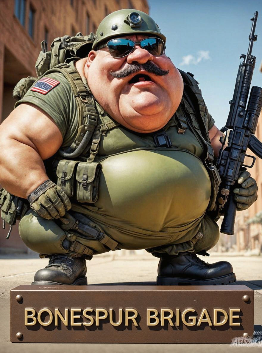 Comical Caricature of Fat Militia Man with Large Weapon