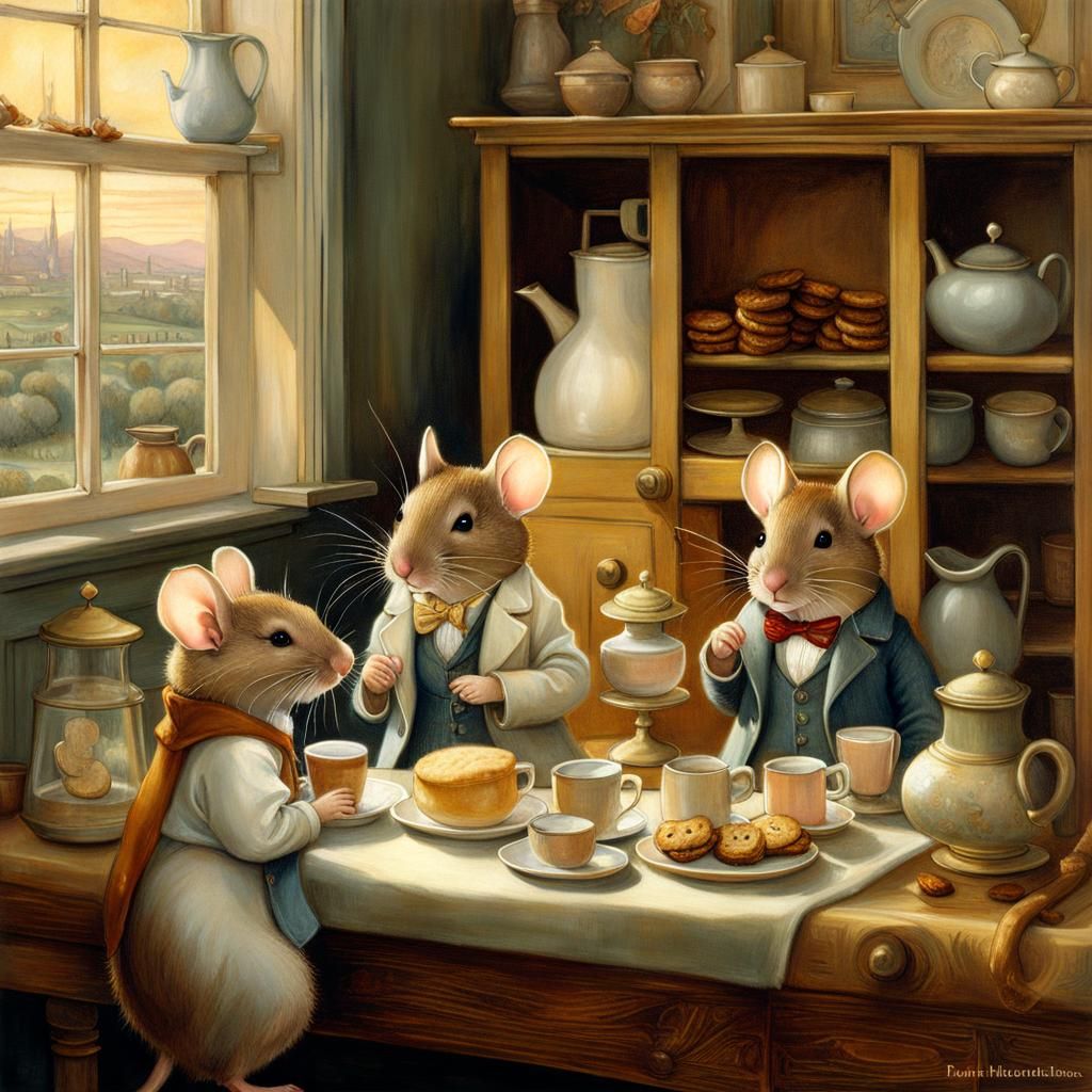 Sophisticated Mice Golden Hour: Art Nouveau Illustration