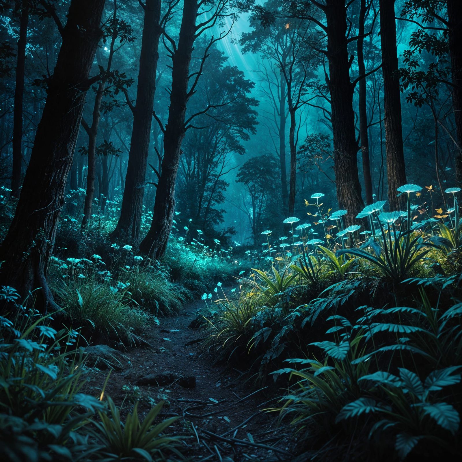 Ethereal Blue-Topaz Bioluminescent Forest Under Celestial Ci...