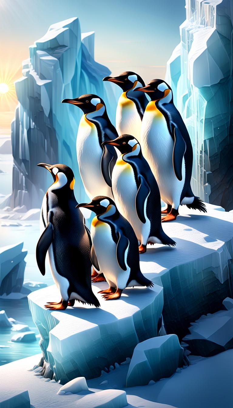 Penguins on Frosty Cliff Edge in Vibrant Cinematic Art