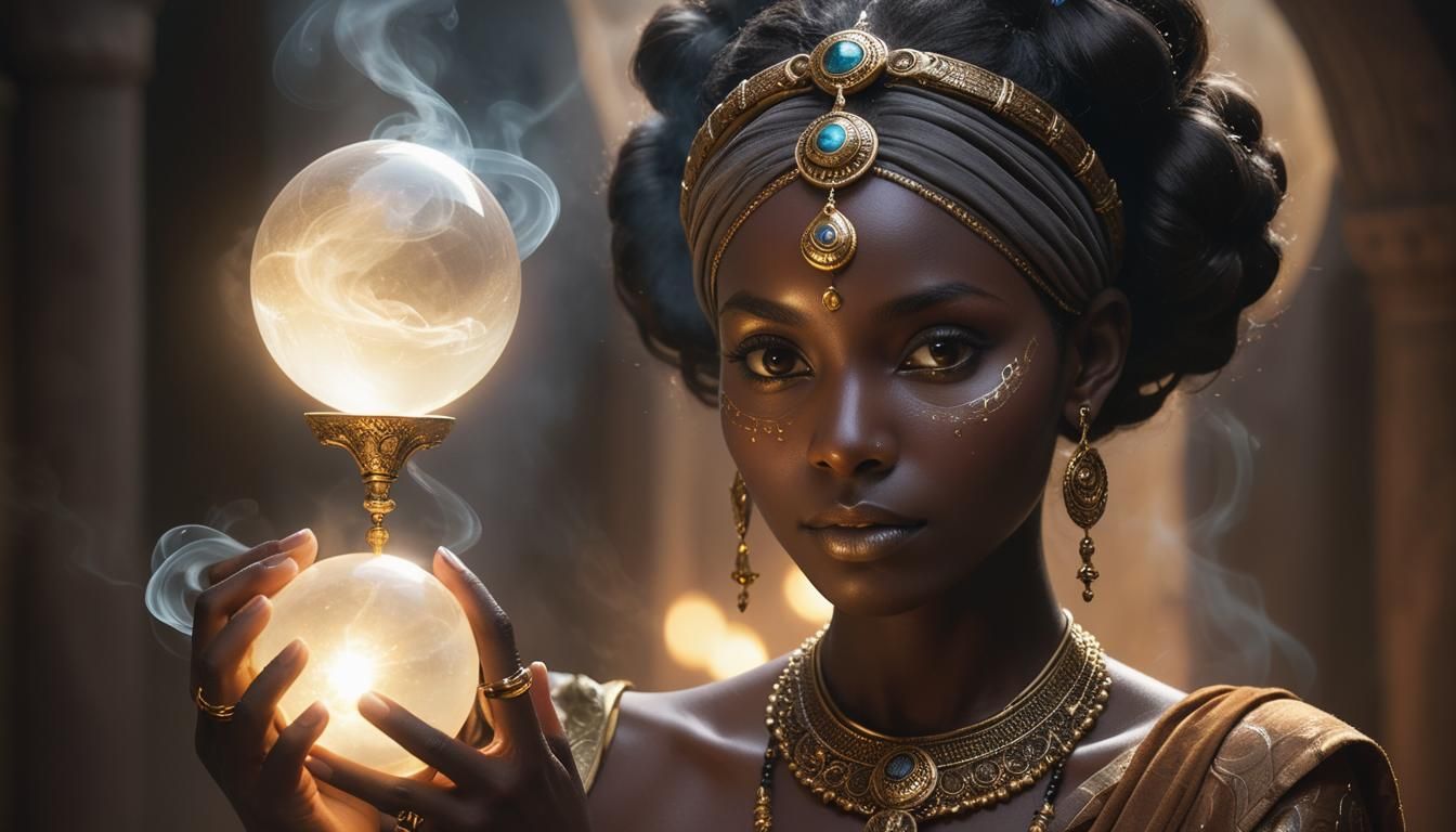 Ethereal Woman with Glowing Orb, Alphonse Mucha Style