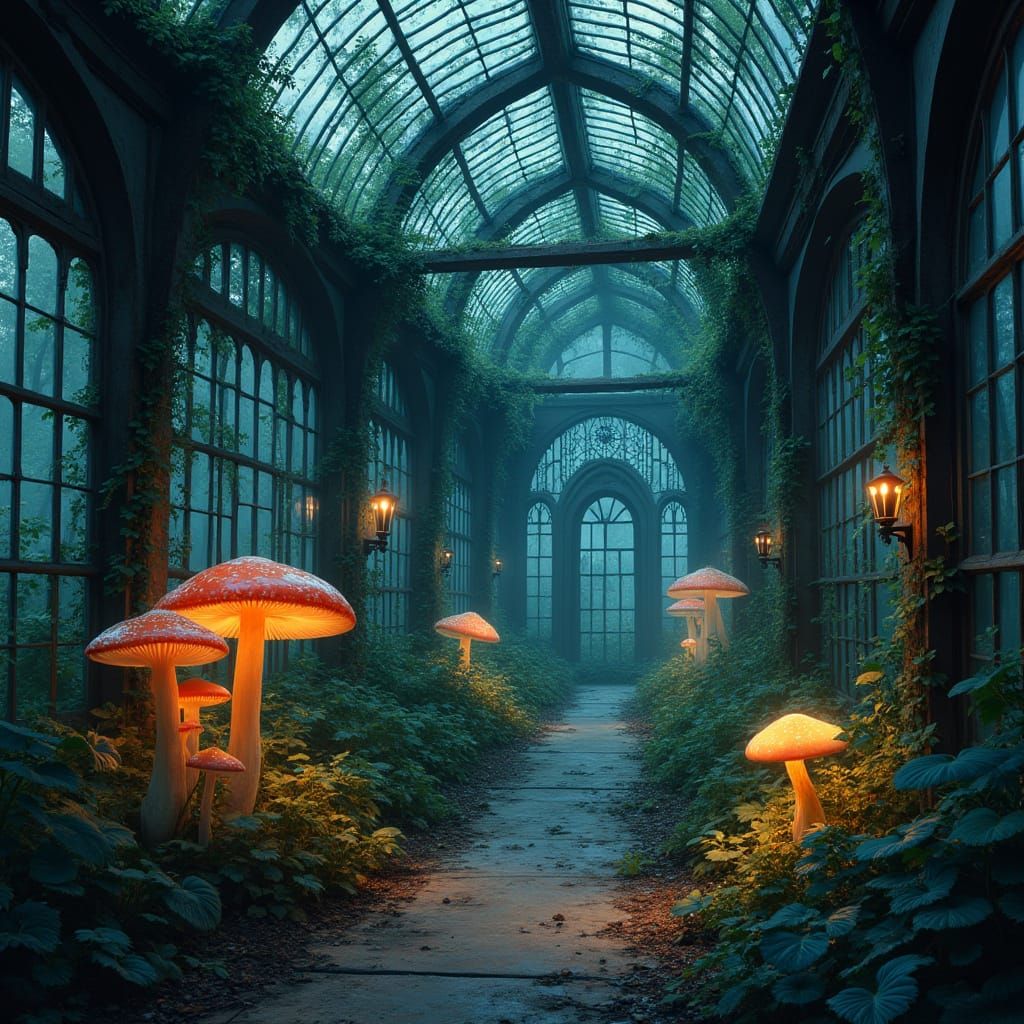 Abandoned Victorian Greenhouse with Bioluminescent Flora