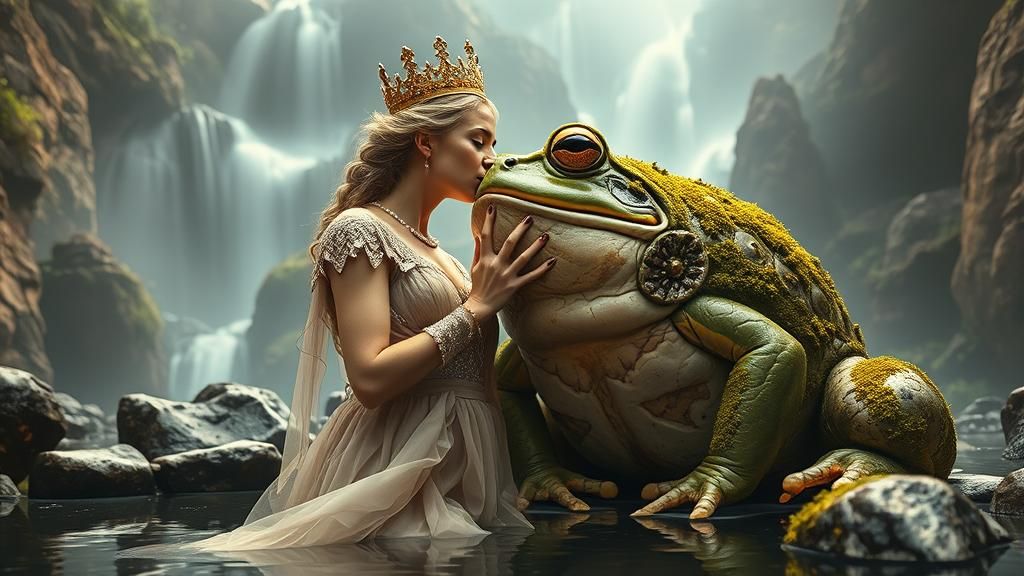 A fantasy, surrealist image featuring a woman kissing a gian...