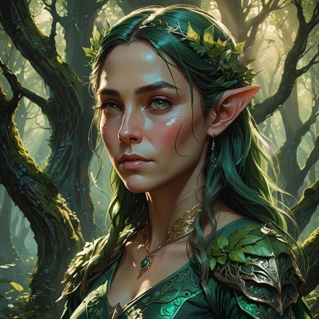 Detailed Elf Portrait in Forest, Art Nouveau Style