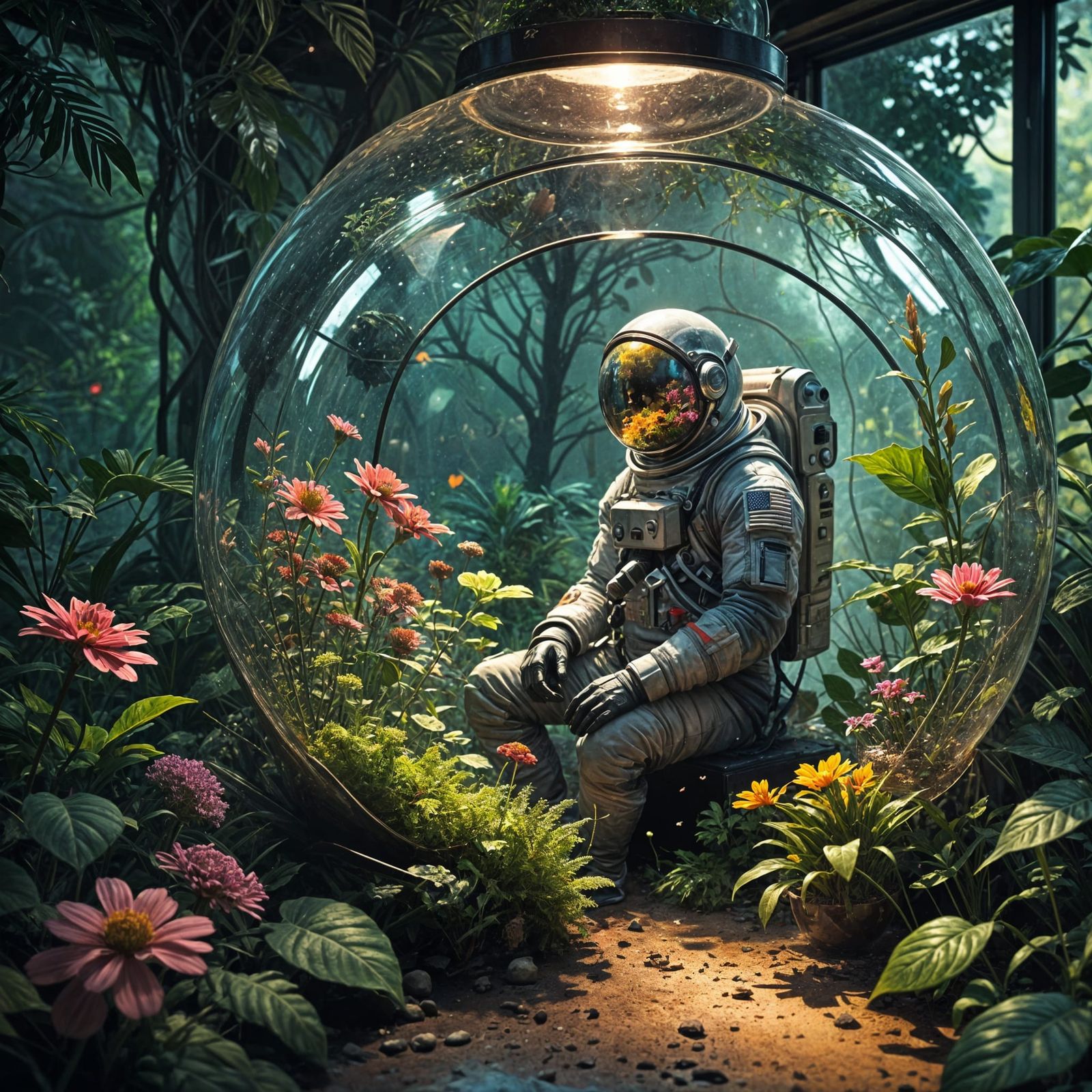 Sad Astronaut in Dying Flower Terrarium