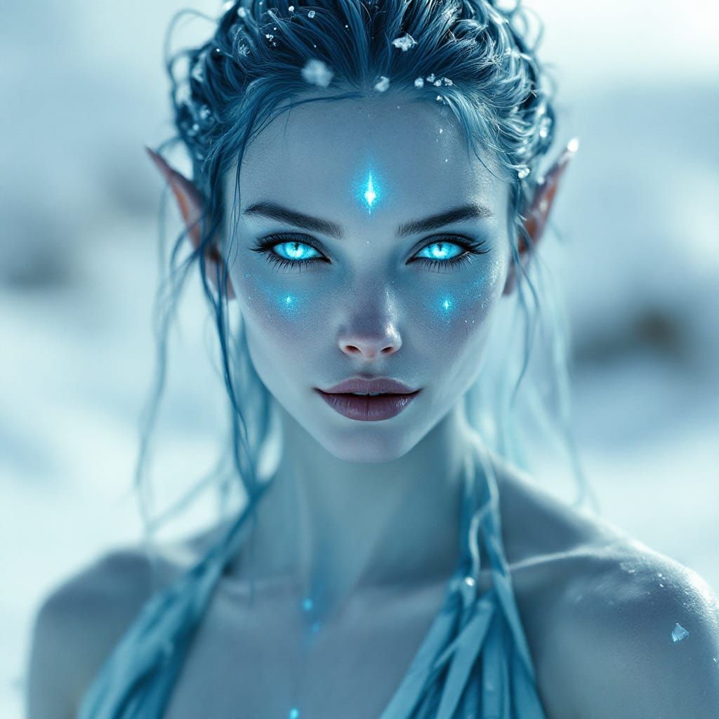 Ethereal Ice Elf Woman in Snowy Landscape